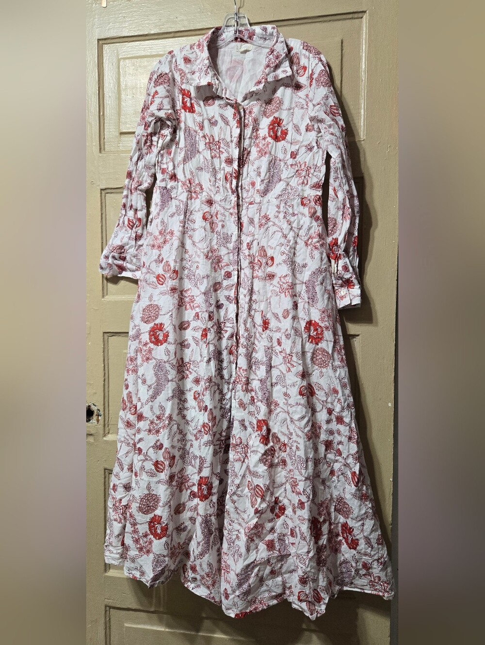 Livro Cottage Prairie Cotton Red White Long Shirt Maxi Dress Size: XL